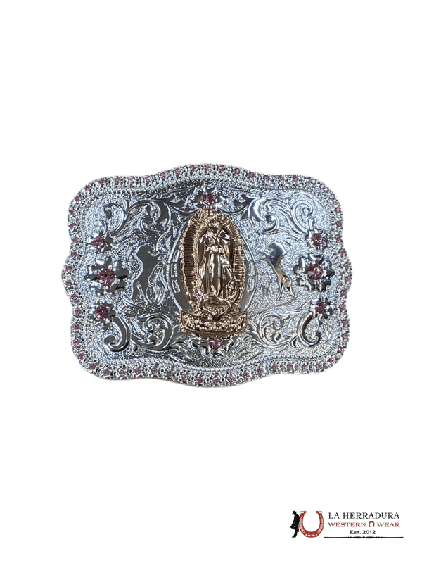 HEBILLA CUADRADA ESQUINADA DE ORO Y PLATA VIRGEN DE GUADALUPE CON DIAMANTES ROSAS