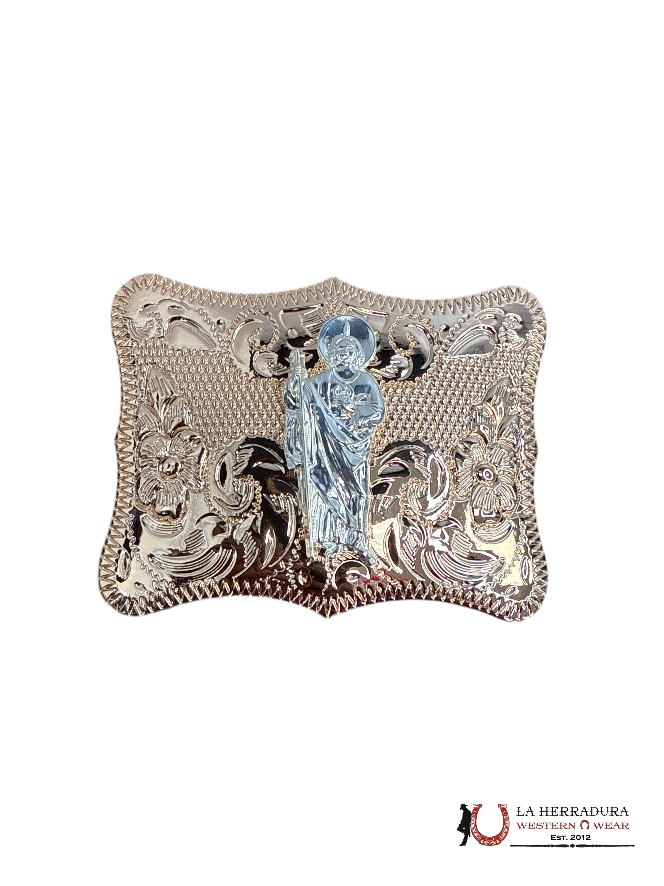 GOLD SQUARE WITH SILVER SAN JUDAS BUCKLE ACCESORIOS