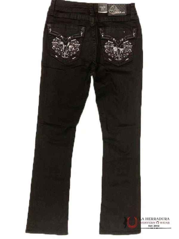 Grace in LA Jeans bootcut de mujer de ajuste fácil negros con lentejuelas y bordados en los bolsillos EB-5782BLK