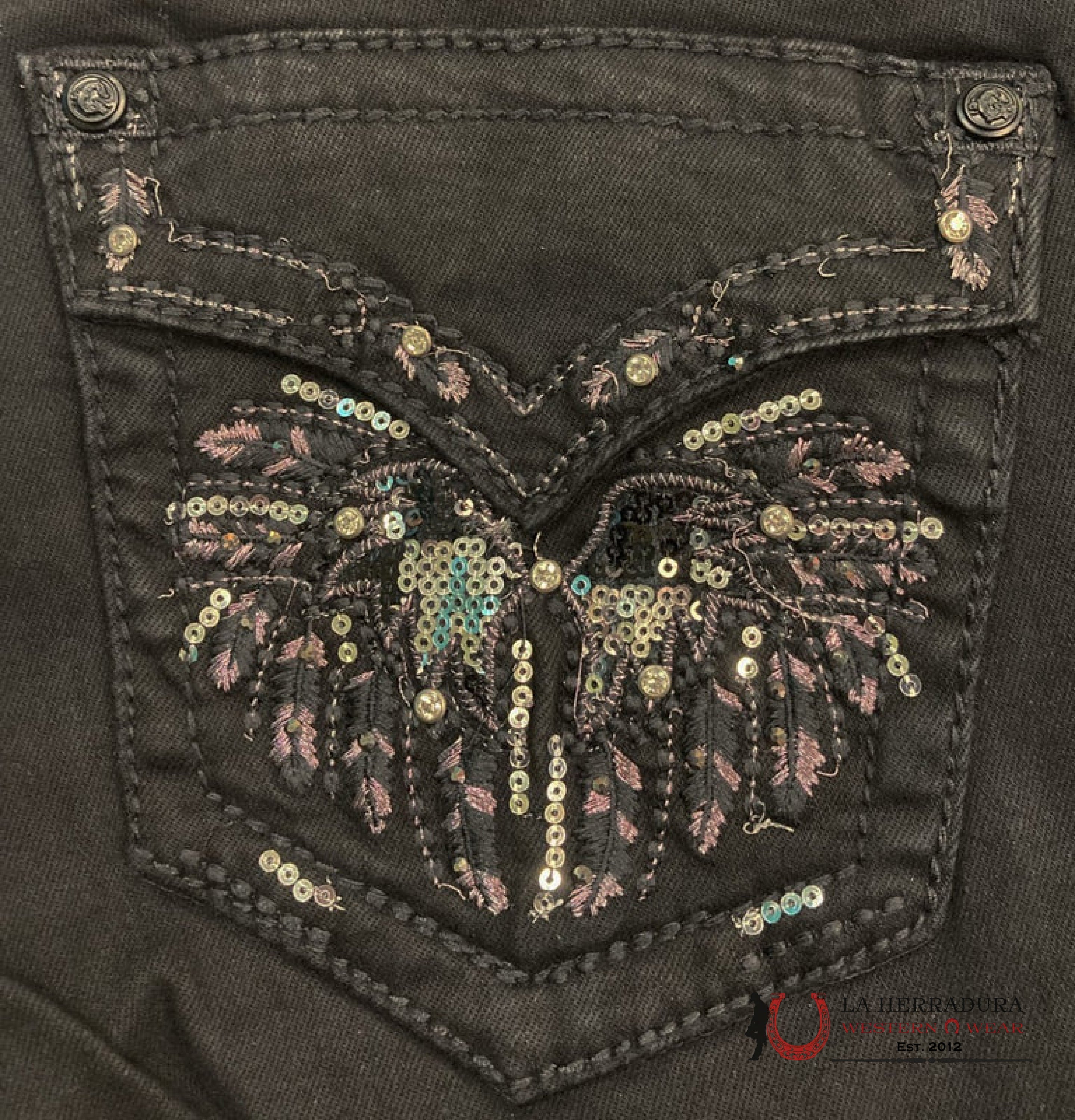 Grace in LA Black Easy Fit Women’s Bootcut Jeans with Sequins and Embroidery on Pockets EB-5782BLK