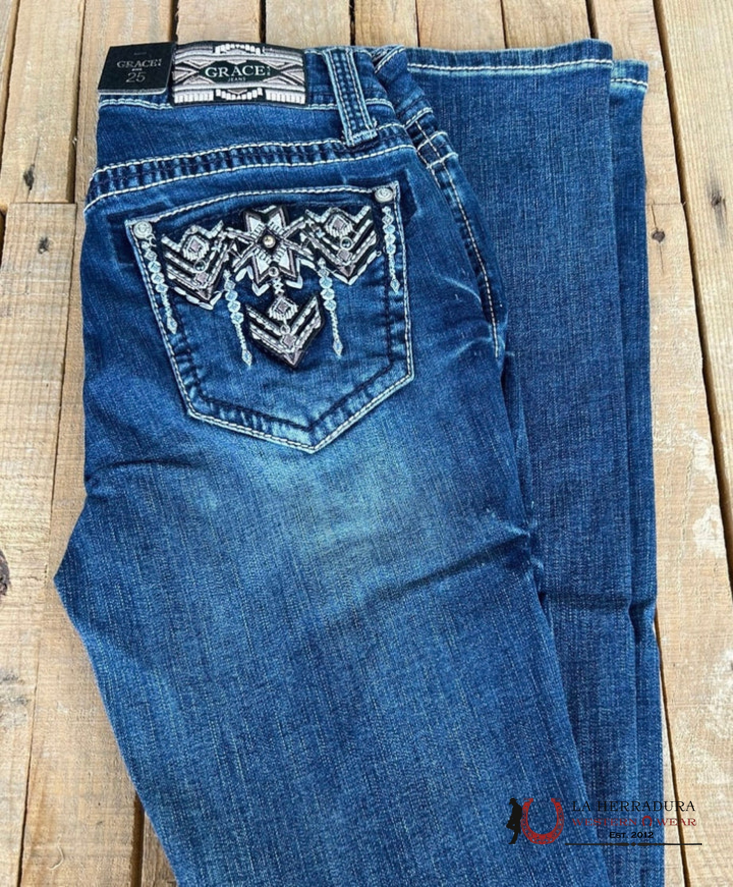 GRACE IN LA EASY FIT JEANS BLACK Aztec Embroidery EB61707-32