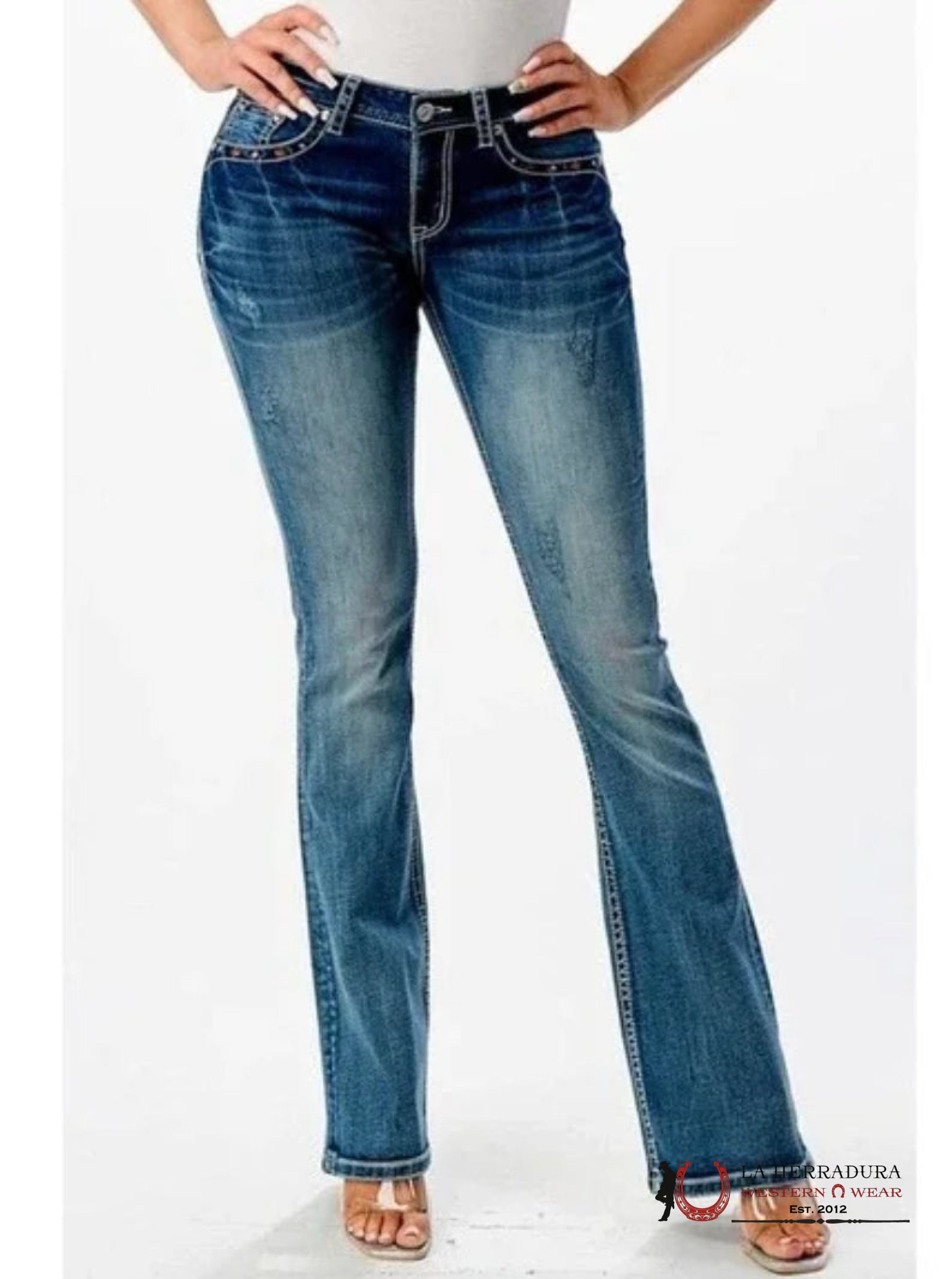 Grace in LA Ladies Pink Aztec Embroidered Disressed Baby Flare Bootcut Stretch Jeans EL51800