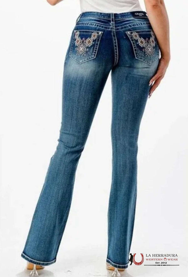 Grace in LA Jeans elásticos acampanados con bordado azteca y detalles desgastados para mujer EL51800