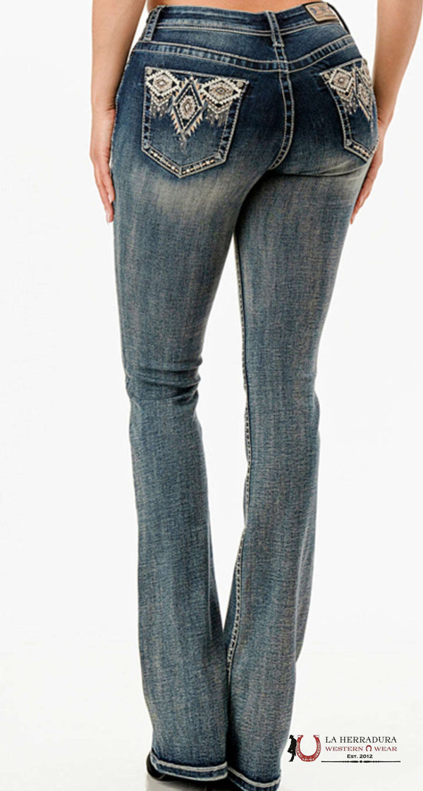 Grace in LA Jeans vaqueros aztecas modificados y adornados de tiro medio y lavado medio para mujer EBS776-30