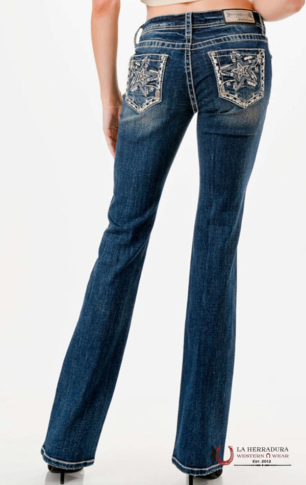 Grace in LA Jeans de Mezclilla Bootcut de Dama con Estrellas Bordadas de Tiro Medio y Lavado Oscuro EBS783-30