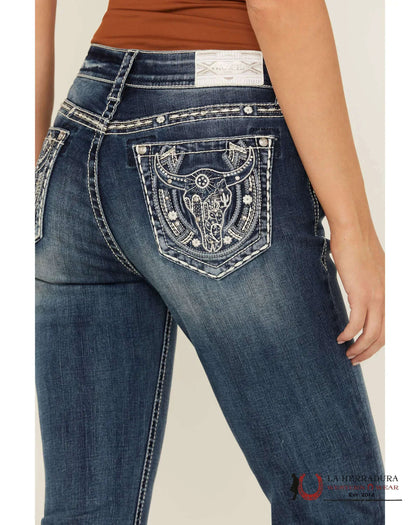 Grace In LA Wms Jeans Vaqueros Bootcut De Talle Medio Lavado Medio Con Bolsillos De Calavera De Vaca Y Herradura EB81698