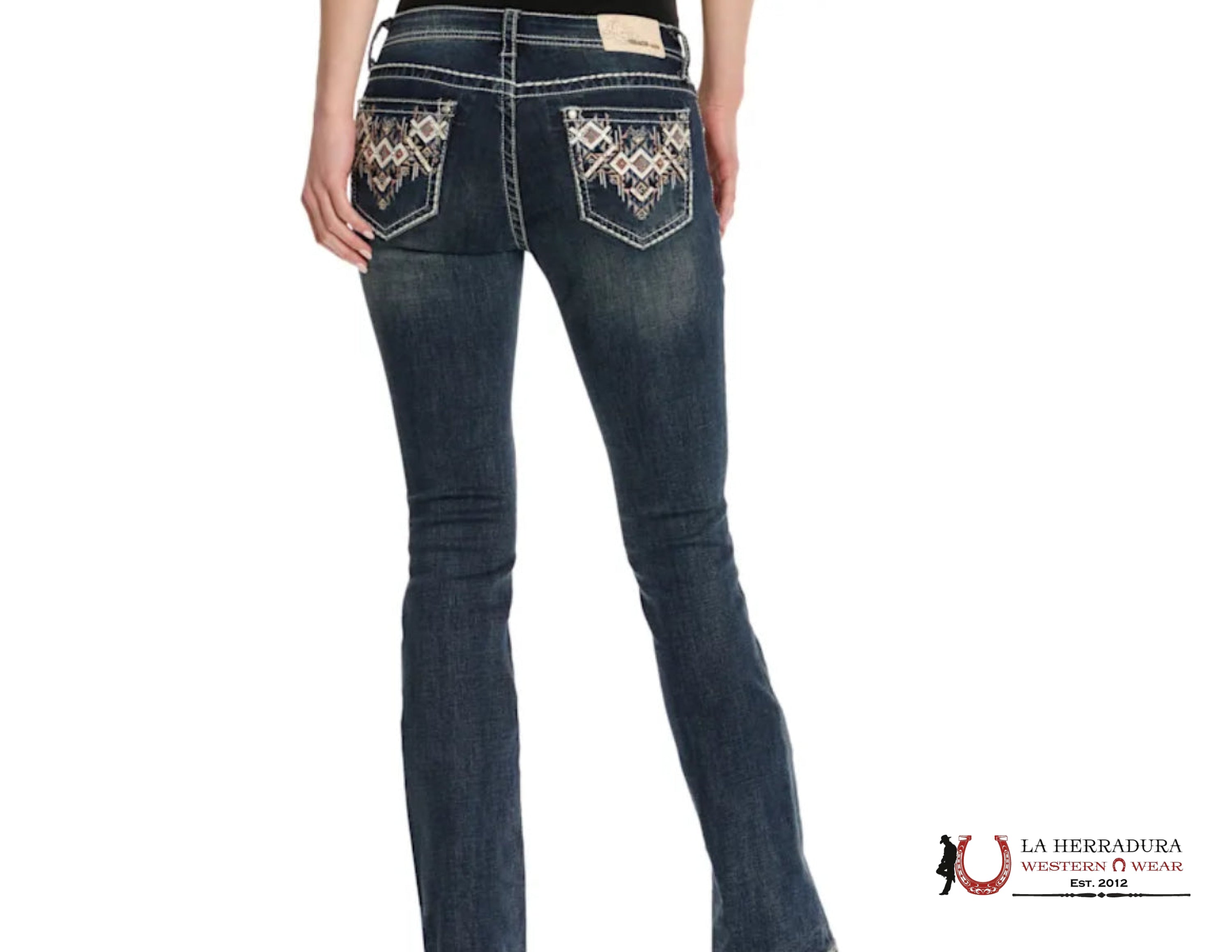 GRACE IN LA WOMEN’S MEDIUM WASH DIAMOND AZTEC POCKET EASY FIT BOOT CUT JEANS EB51852