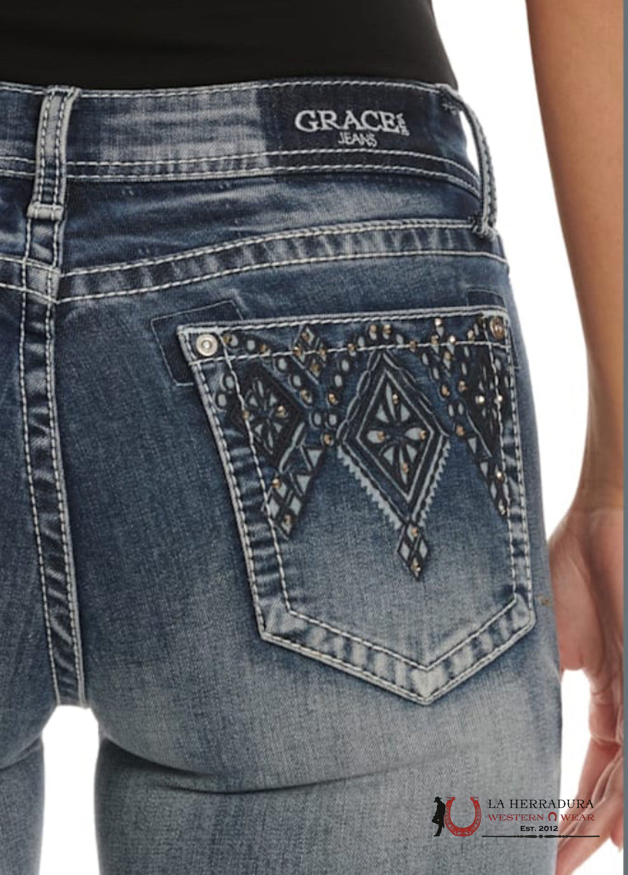 GRACE IN LA WOMEN’S MEDIUM WASH DIAMOND EMBOSSED BLING BOOT CUT JEANS