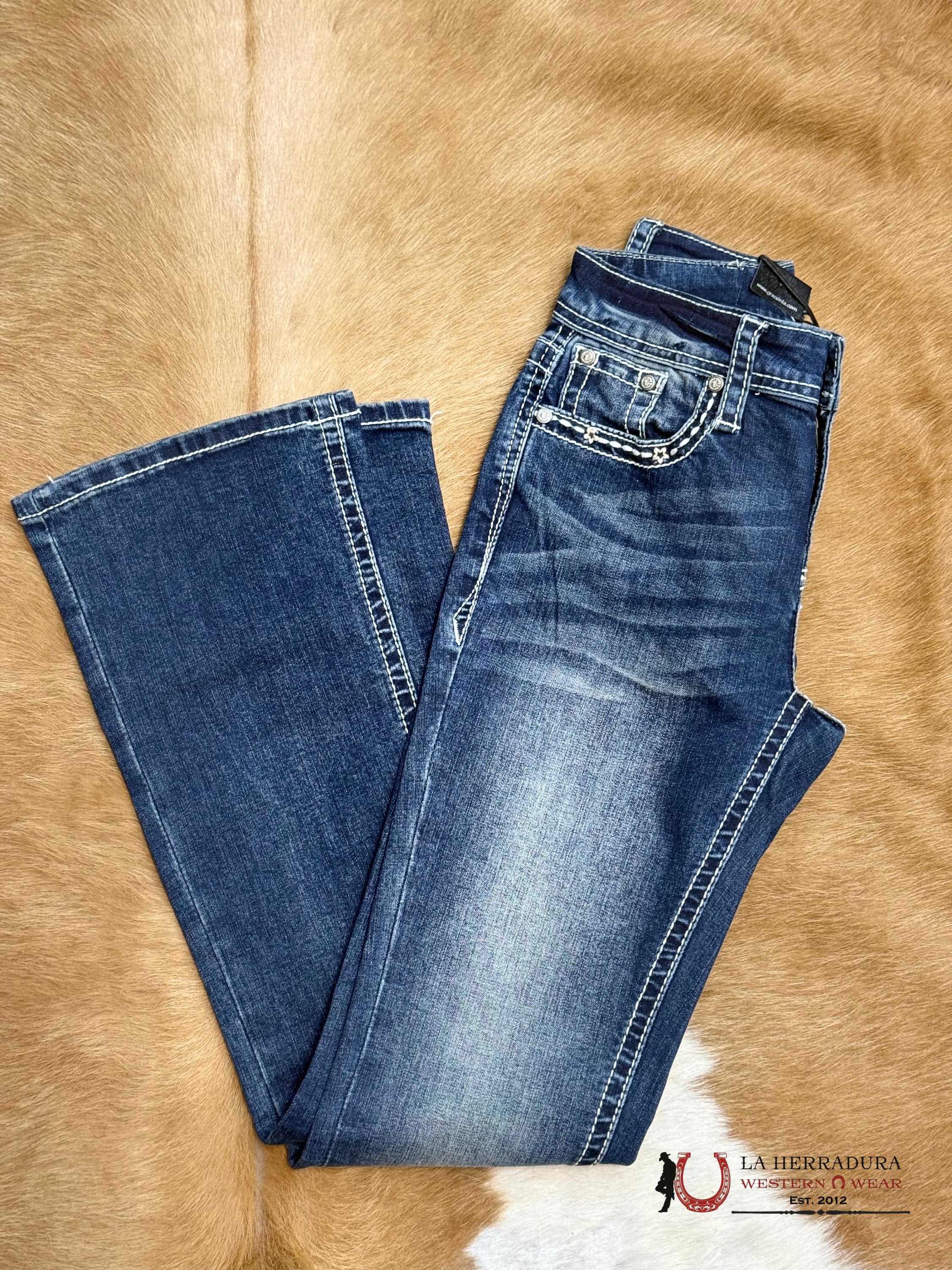 GRACE JEAN BOOT CUTE DARKE BLUE HORSE SHOSE COW PRINT EMBROIDERY EBS762-30 ROPA MUJERES