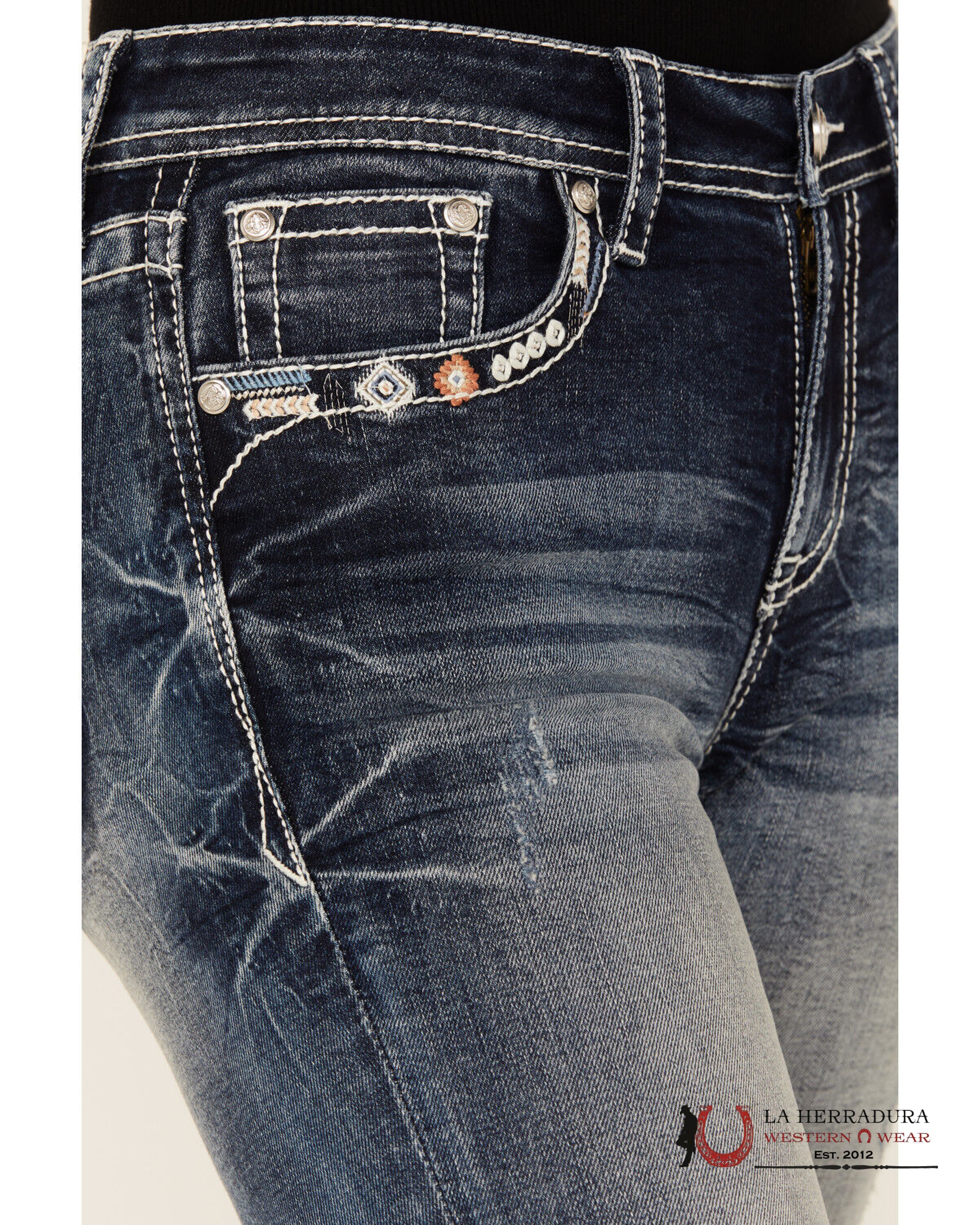 GRACE JEAN BOOT CUTE DARKE WASH TRIANGLE EYE EMBROIDERY IN BLUE & ORANGE STITCHING EB51892-32 ROPA MUJERES