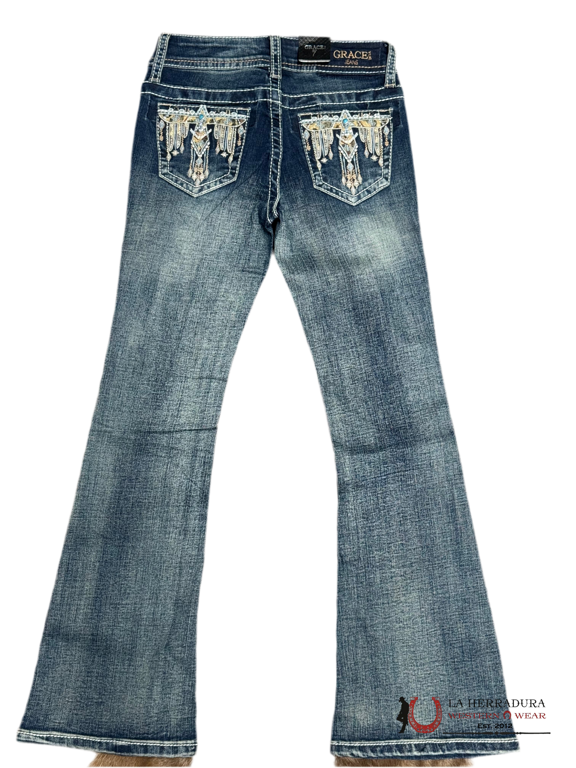 GRACE JEANS GIRL DARK DENIM WITH EMBROIDERY ON BAGS GB61638 NIÑOS