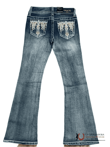 GRACE JEANS GIRL DARK DENIM WITH EMBROIDERY ON BAGS GB61638