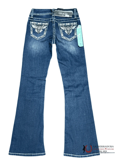 GRACE JEANS GIRL DARK WASH WITH EMBROIDERY ON BAG GBS576