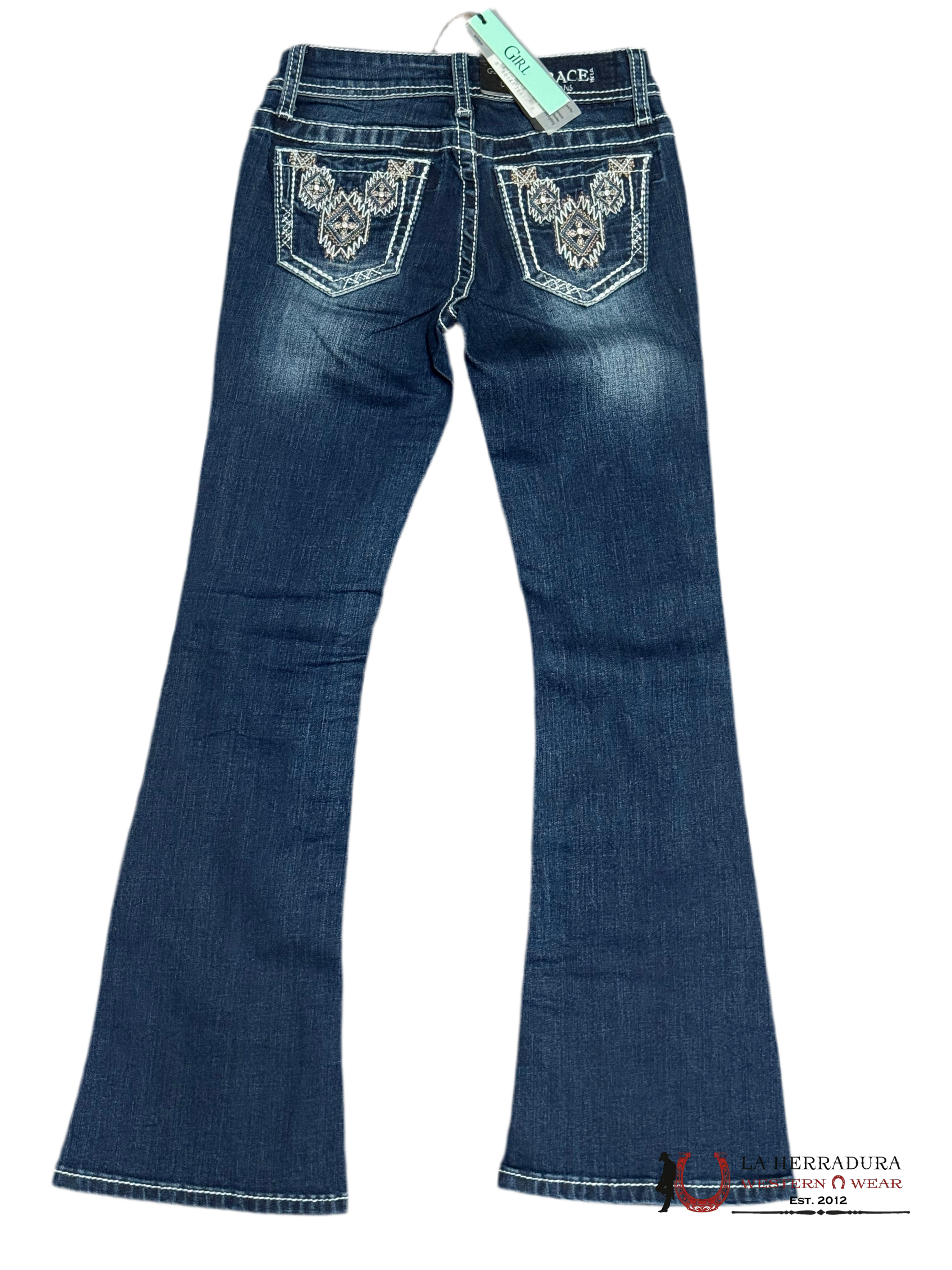GRACE JEANS GIRL DARK WASH WITH EMBROIDERY ON THE BAG AND GLITTER GBS590 NIÑOS