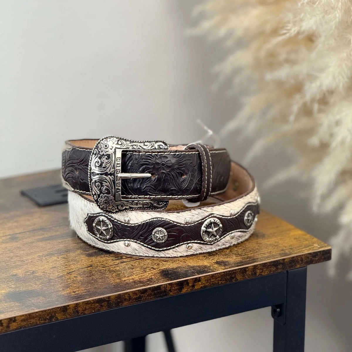 Western Cow Print Belt with Rhinestone Buckle – Black & White WHIPPY Western Genuine Leather Belt for Women Men Cowgirl  main image 2
