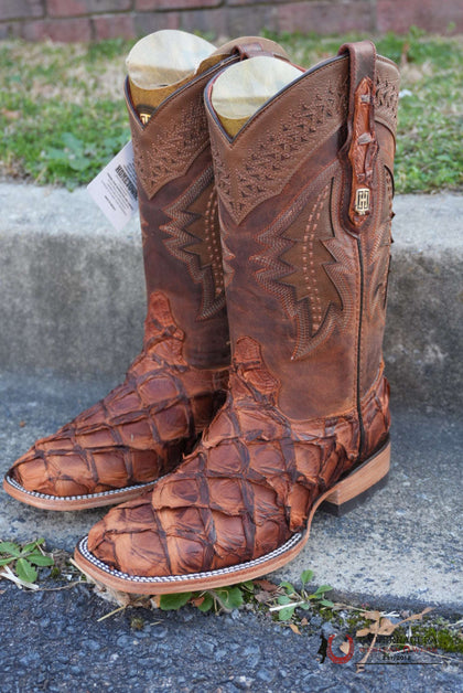 HOMETOWN EXOTIC FISH BOOTS PECAN SQ. TOE