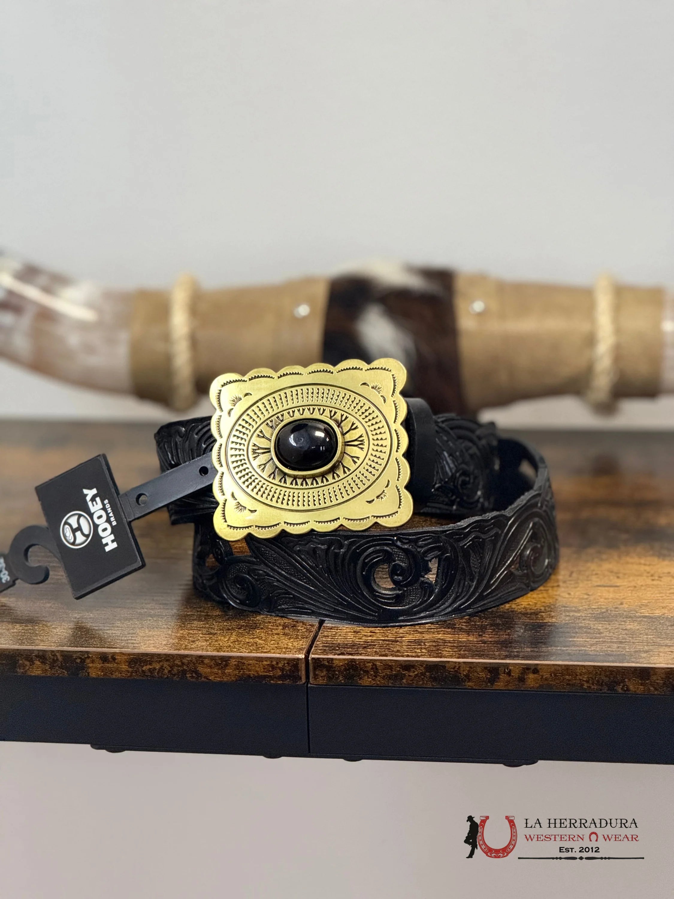 HOOEY BLACK HAND TOOLED FILIGREE LEATHER BELT HWBLT032 CINTURONES MUJERES