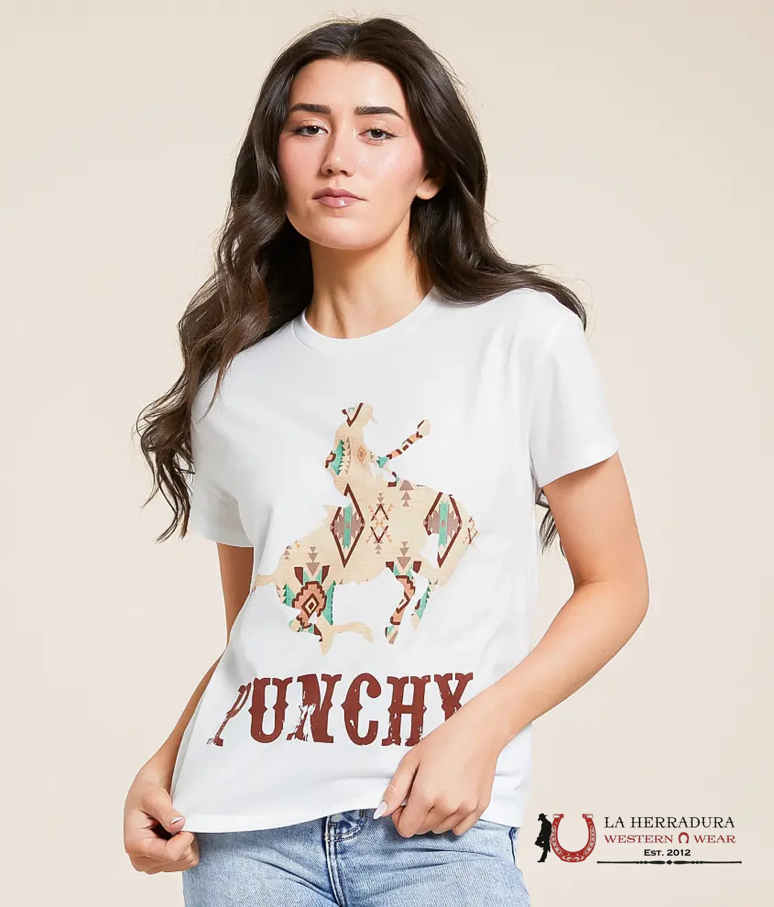 Hooey Bronc Cream Crew Neck Cotton/Poly Short Sleeve With Aztec Print PT1651CR ROPA MUJERES