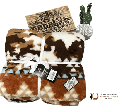 HOOEY HOOEY FLEECE BLANKET" TAN/CREAM /ORANGE COW PRINT-RED/WHITE/TURQUOISE SERAPE PATTERN FB012