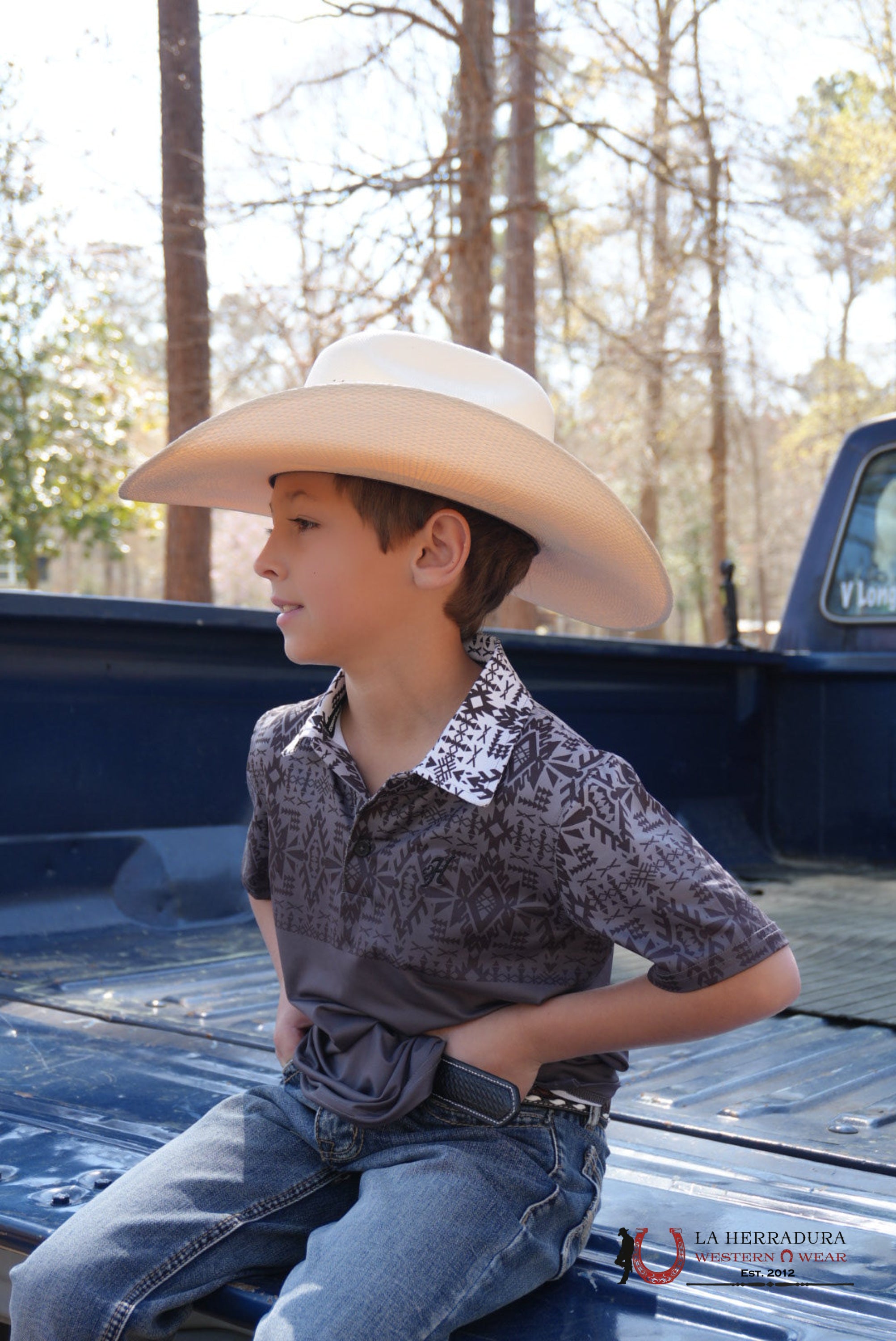 Hooey Kids Weekender Black/White Aztec Short Sleeve Polo Shirt NIÑOS