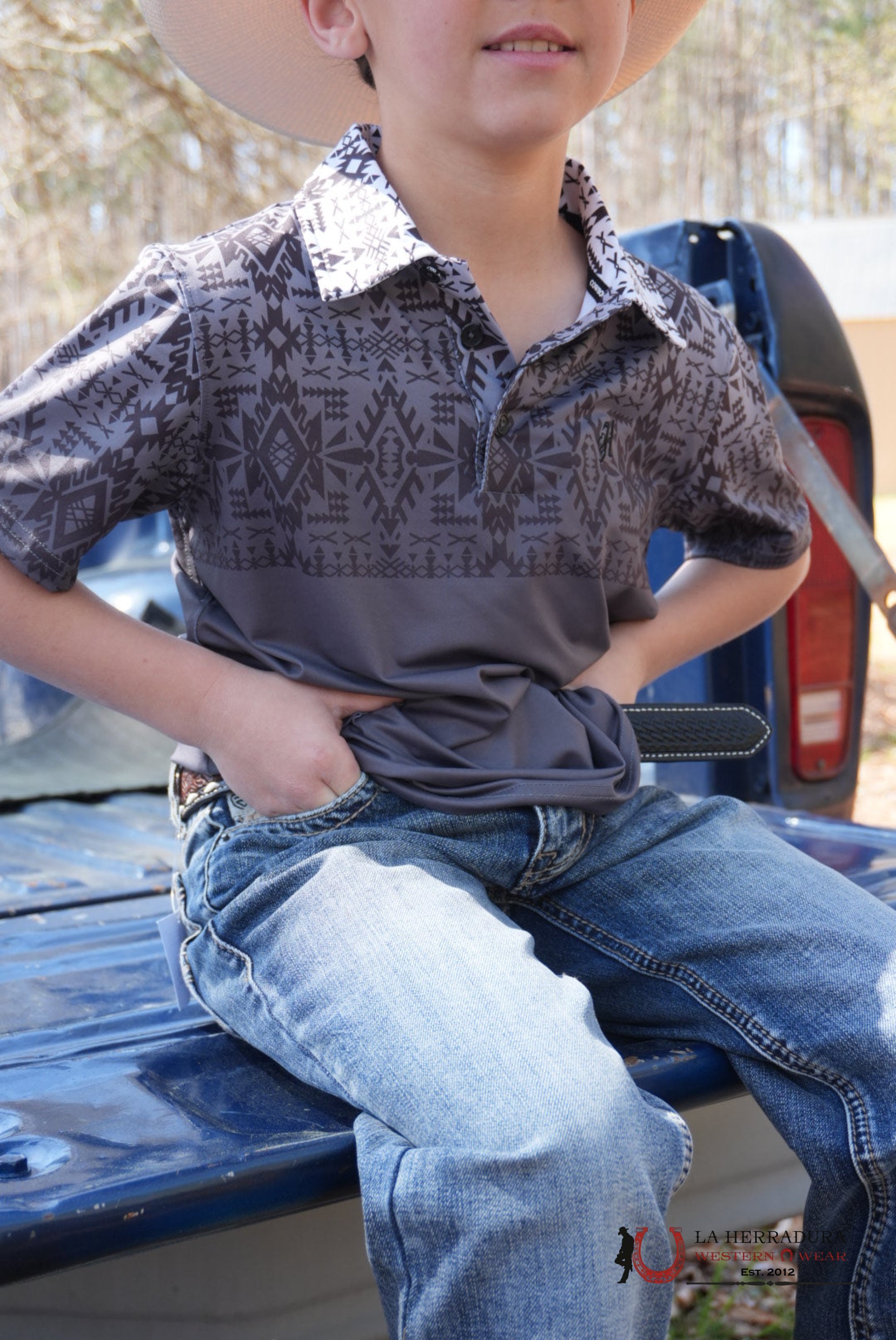 Hooey Kids Weekender Black/White Aztec Short Sleeve Polo Shirt NIÑOS