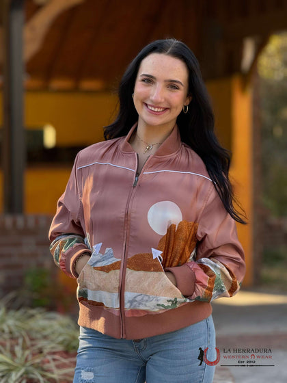 HOOEY LADIES BOMBER JACKET PINK WITH DESERT LANDSCAPE-HJ107PK