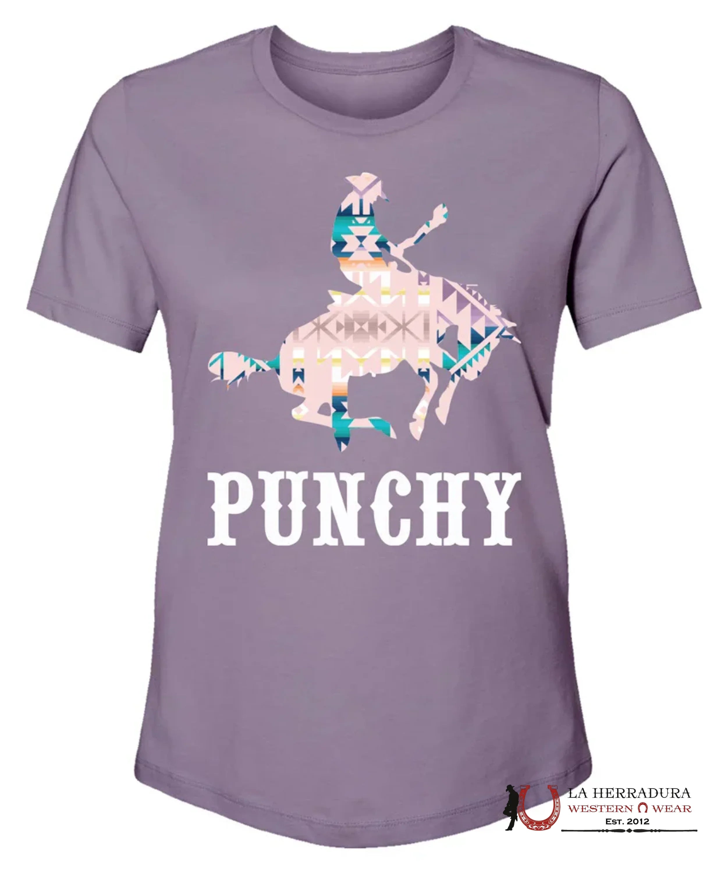 HOOEY LADIES DUSTY PURPLE CREW NECK BLUE AZTEC PATTERN LOGO T-SHIRT PT1641PL ROPA MUJERES