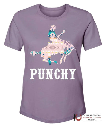 HOOEY LADIES DUSTY PURPLE CREW NECK BLUE AZTEC PATTERN LOGO T-SHIRT PT1641PL