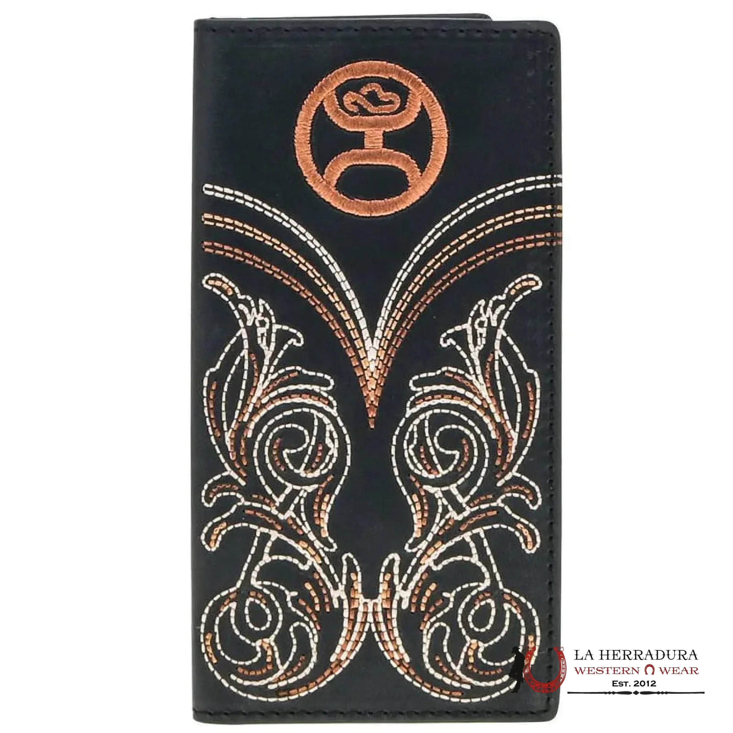 HOOEY LOGO & STITCH FILIGREE EMBROIDERED BLACK RODEO WALLET HW016 BK ACCESORIOS