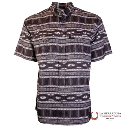 CAMISA HOOEY DE HOMBRE CON BOTONES PERLADOS, MANGA CORTA, ESTAMPADO AZTECA COMPLETO, NEGRA