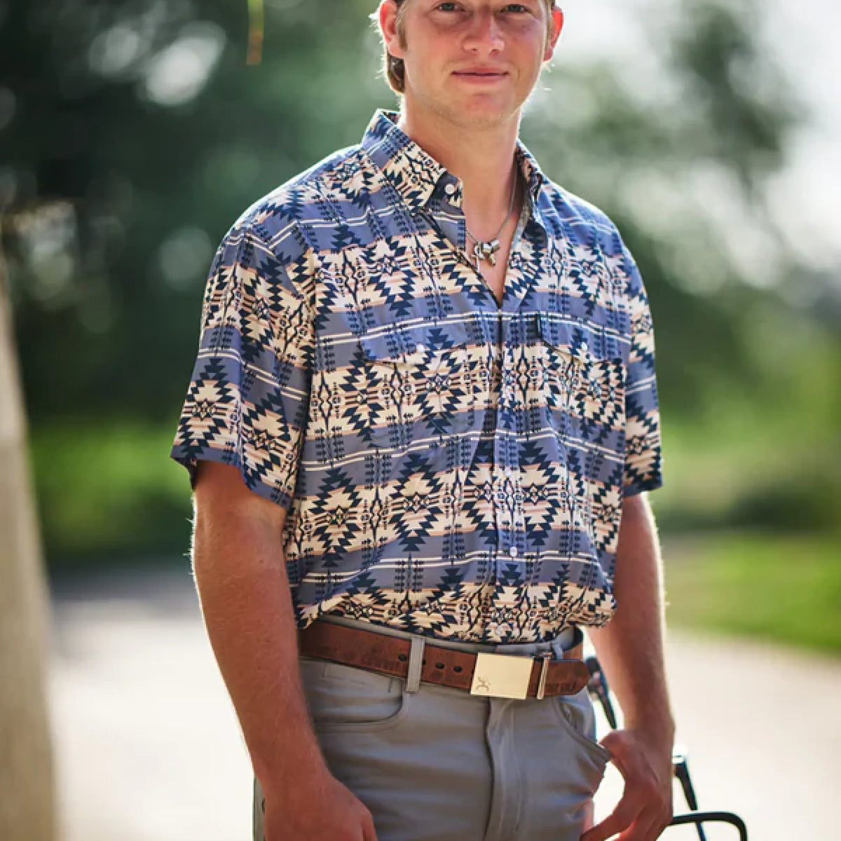 HOOEY MEN BLUE AZTEC PATTERN ALL OVER PEARL SNAP SHORT SLEEVE HT1861AZ