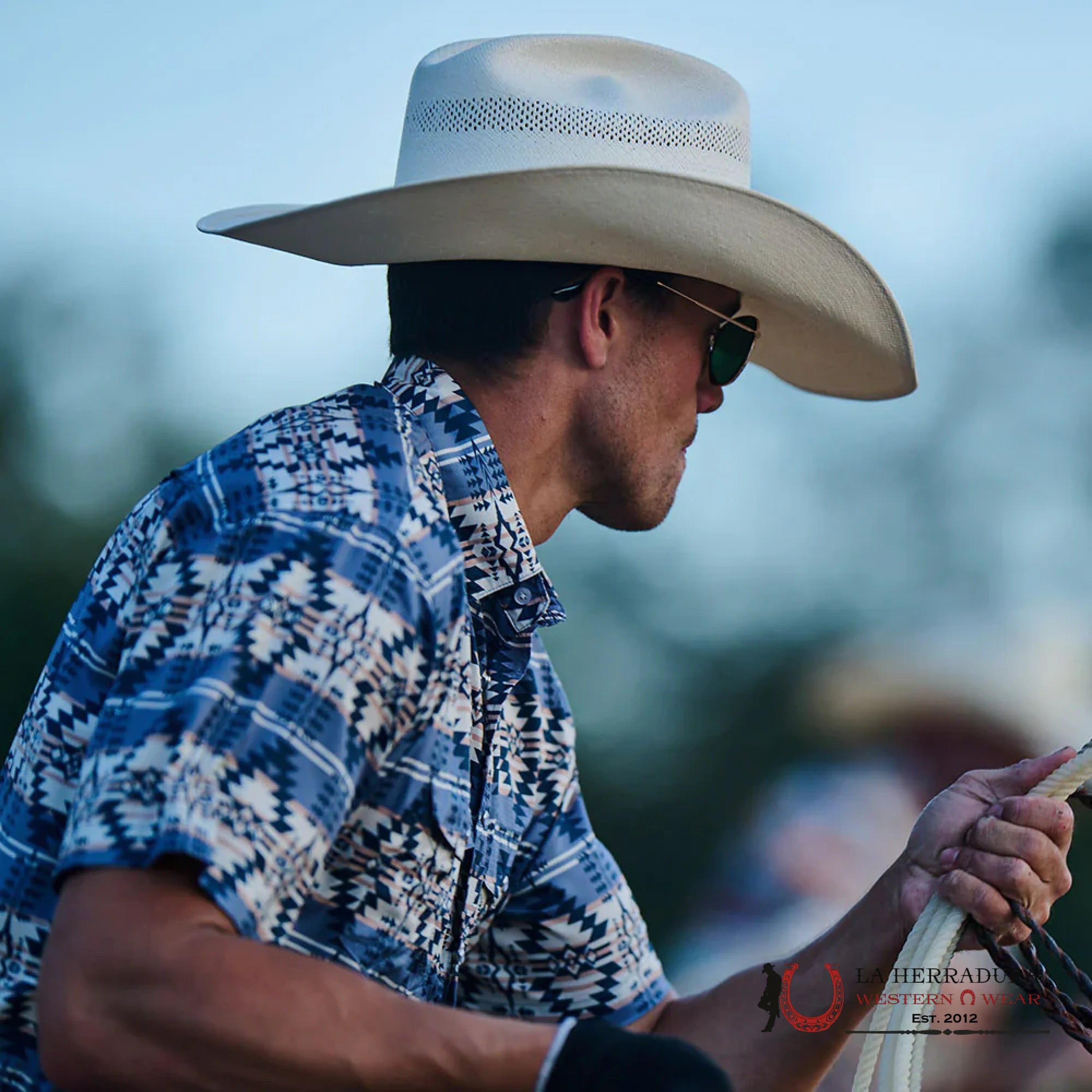 HOOEY MEN BLUE AZTEC PATTERN ALL OVER PEARL SNAP SHORT SLEEVE HT1861AZST ROPA HOMBRES