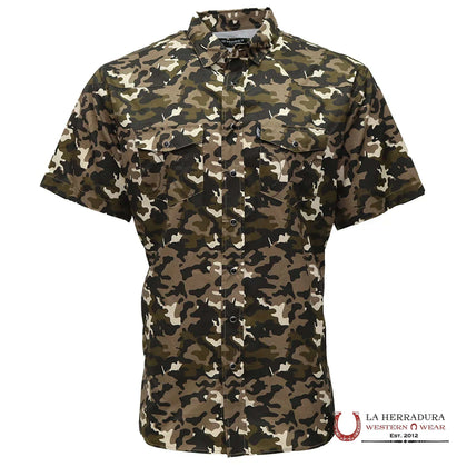 CAMISA HOOEY DE HOMBRE MANGA CORTA ESTAMPADO CAMUFLAJE CON BOTONES A PRESIÓN Y LIMPIADOR DE LENTES HT1861CA