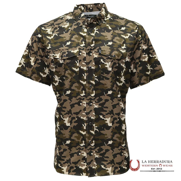 CAMISA HOOEY DE HOMBRE MANGA CORTA ESTAMPADO CAMUFLAJE CON BOTONES A PRESIÓN Y LIMPIADOR DE LENTES HT1861CA