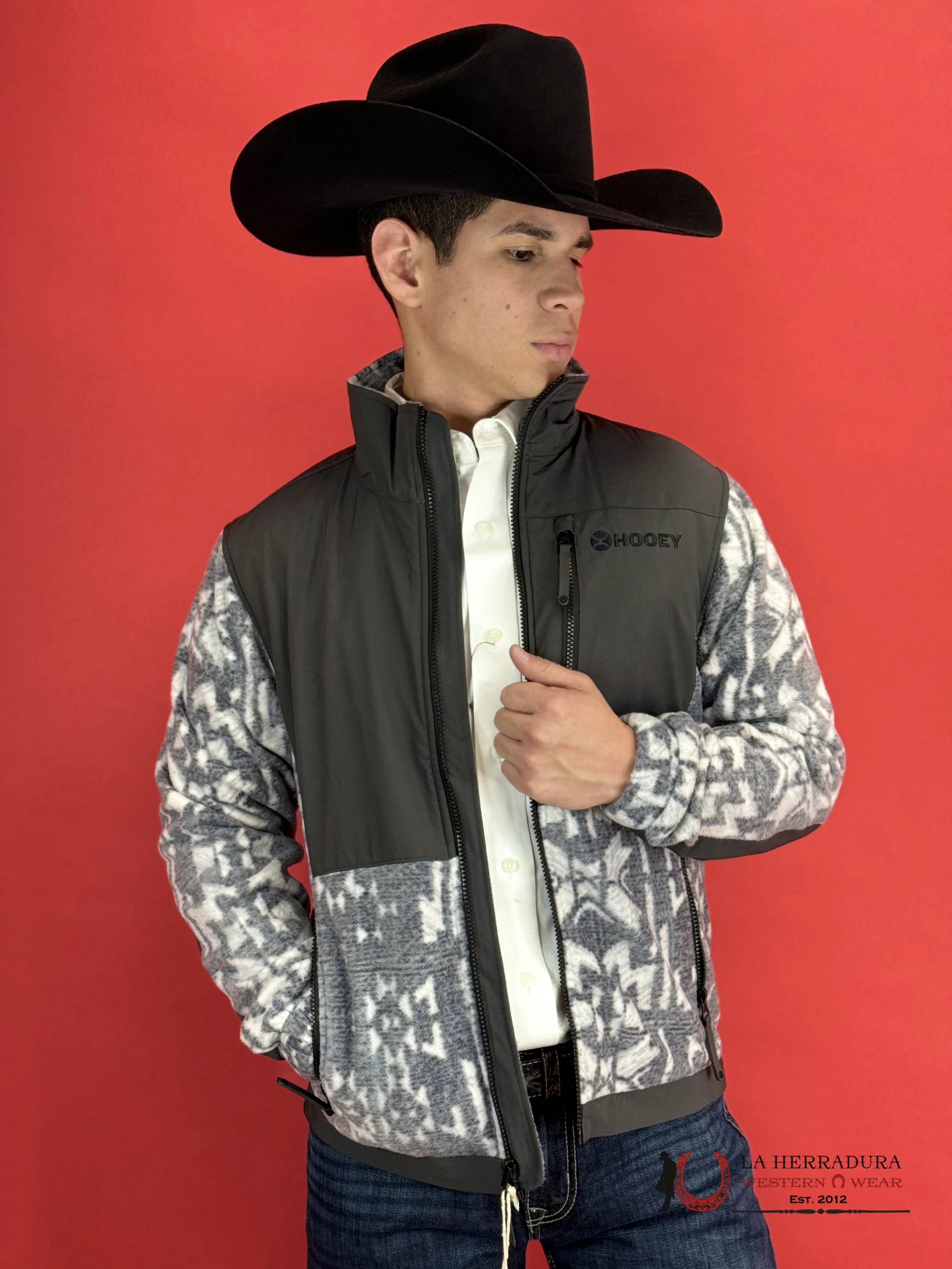 Hooey® Men’s Jacket Tech Fleece Charcoal W/Grey Aztec Texture Ropa Hombres