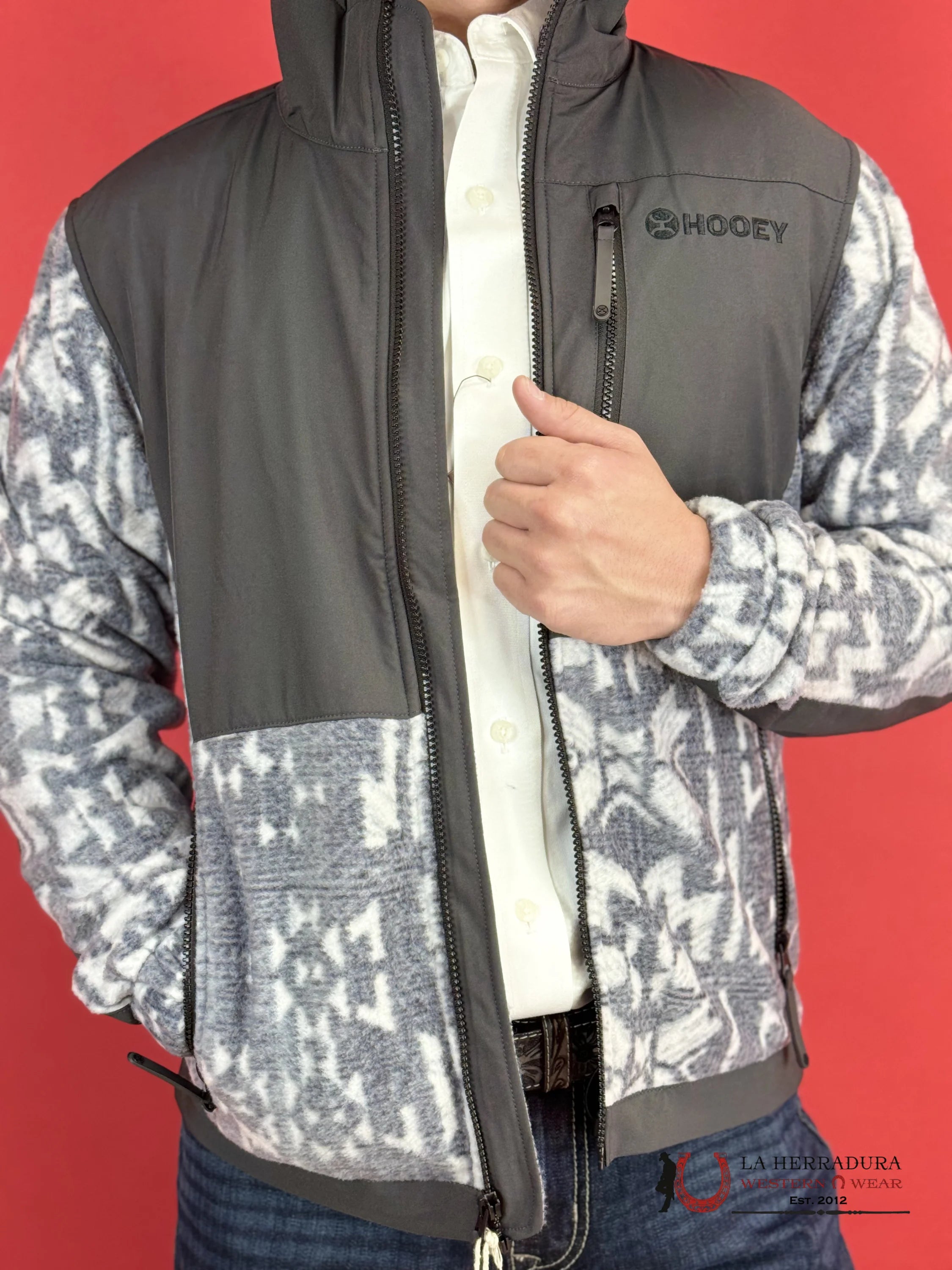 Hooey® Men’s Jacket Tech Fleece Charcoal W/Grey Aztec Texture Ropa Hombres