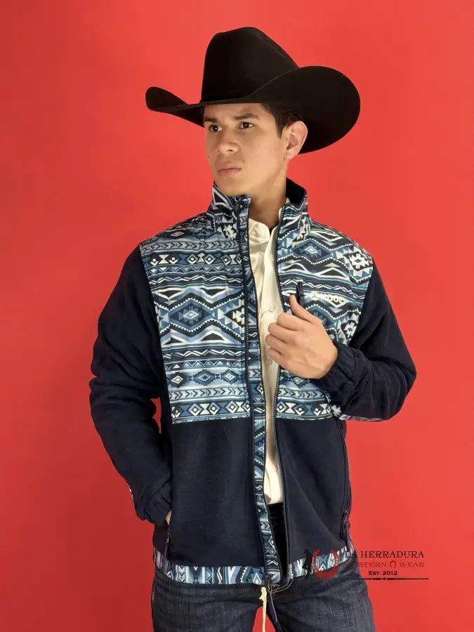 Hooey® Men’s Jacket Tech Fleece Navy Aztec Pattern Full Zip Ropa Hombres