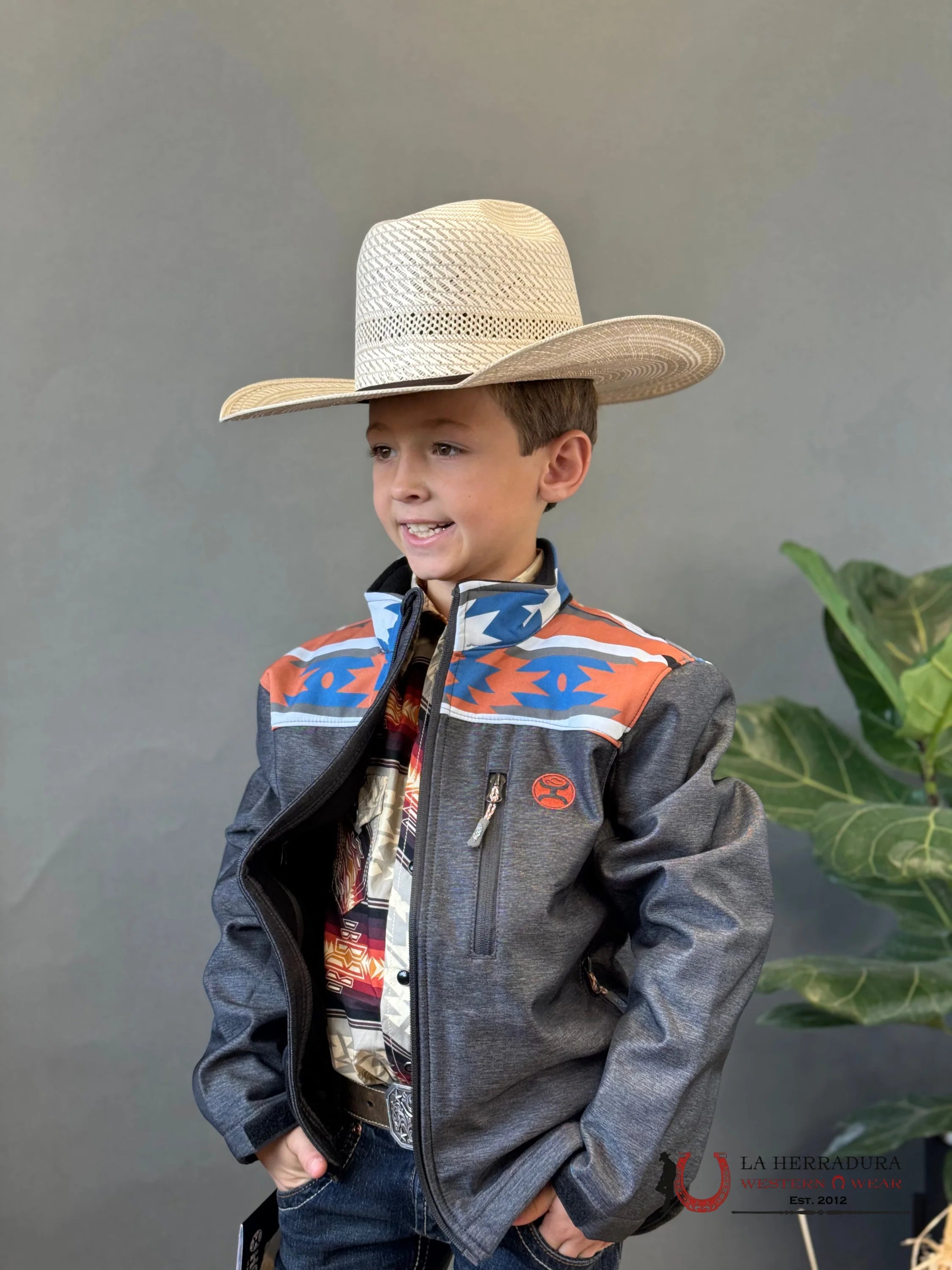 Hooey Soft Shell Jacket Youth Tan W/Aztec Charcoal Niños