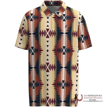Camisa Polo de Manga Corta para Hombre HOOEY Weekender Tan/Rojo/Azul Marino con Diseño Azteca HP034TNAZ