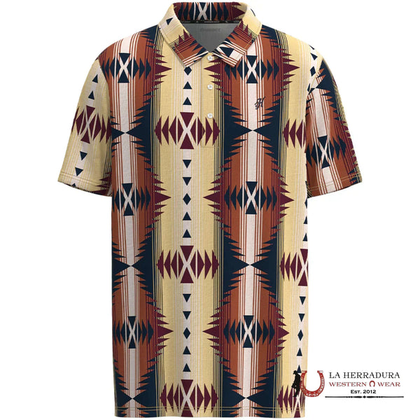 Camisa Polo de Manga Corta para Hombre HOOEY Weekender Tan/Rojo/Azul Marino con Diseño Azteca HP034TNAZ