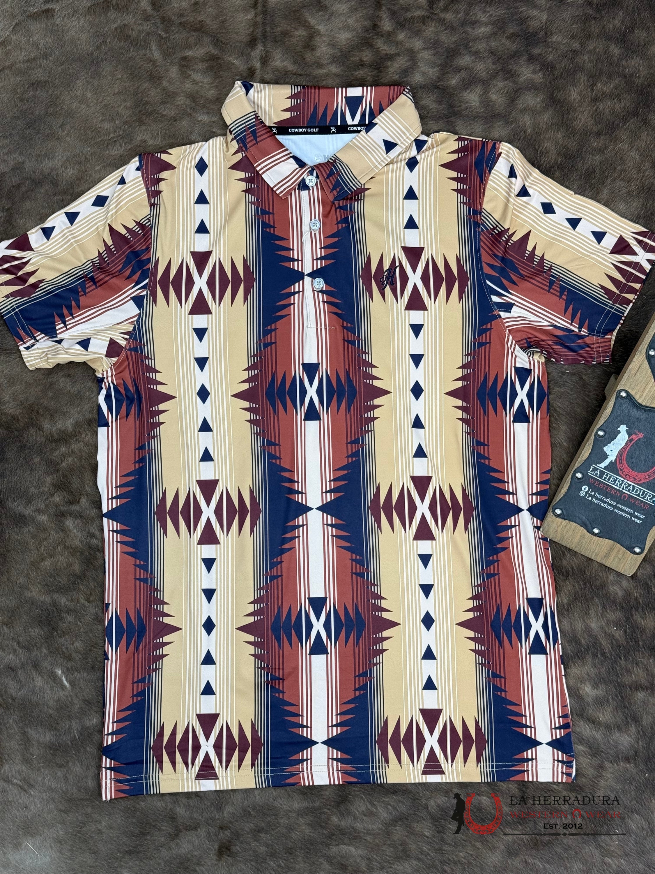 HOOEY Weekender Tan/Red/Navy Aztec Polo Short Sleeve Men Shirt ROPA HOMBRES