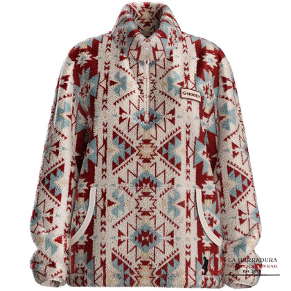 HOOEY WOMEN FLEECE PULL OVER BLUE AZTEC PATTERN ALL AROUND HFP016PKAZ