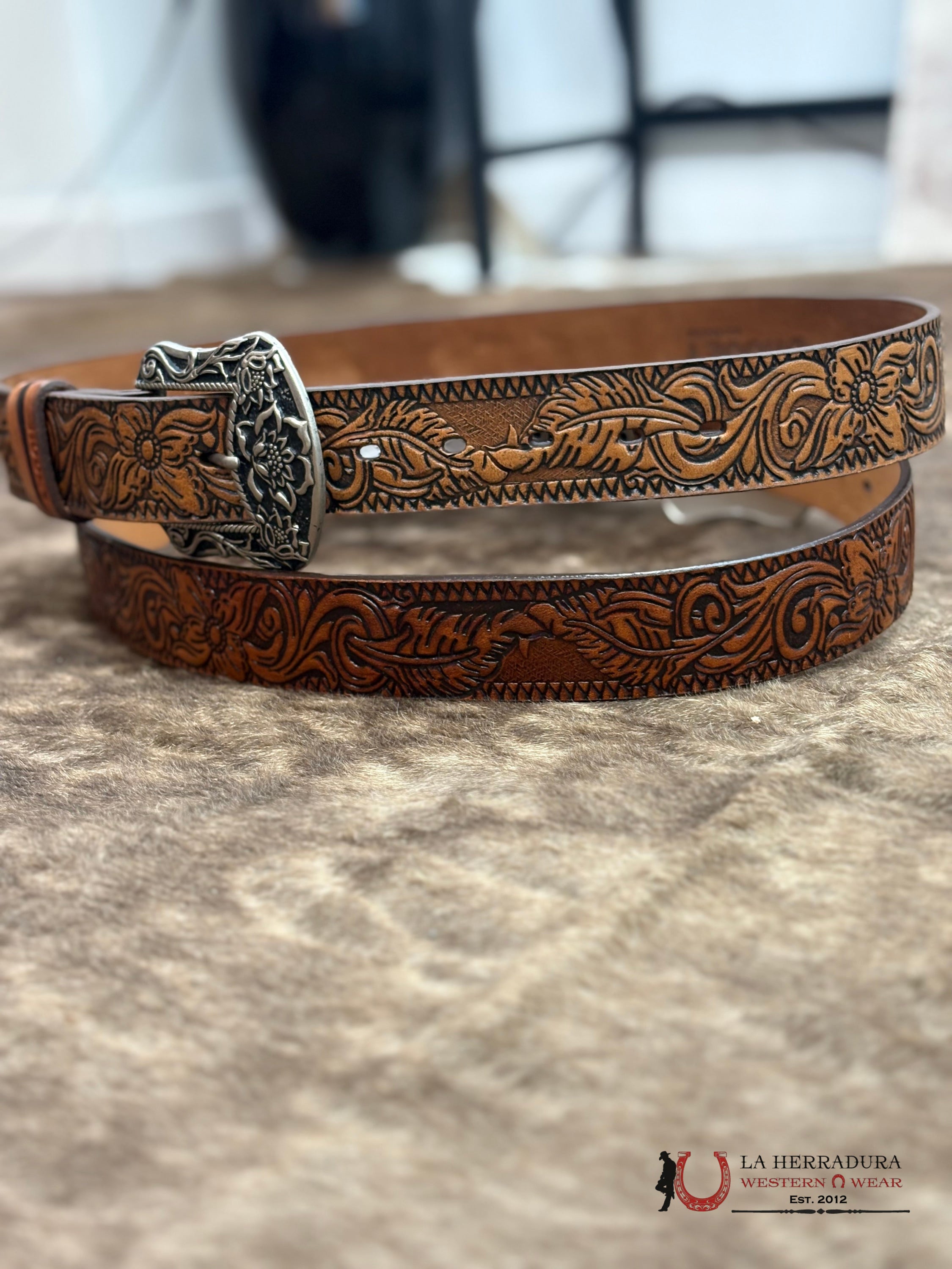 HOOEY WOMEN FLORA’ ORIGINAL HOOEY LADIES BELT BROWN W/ FLORAL CINTURONES MUJERES