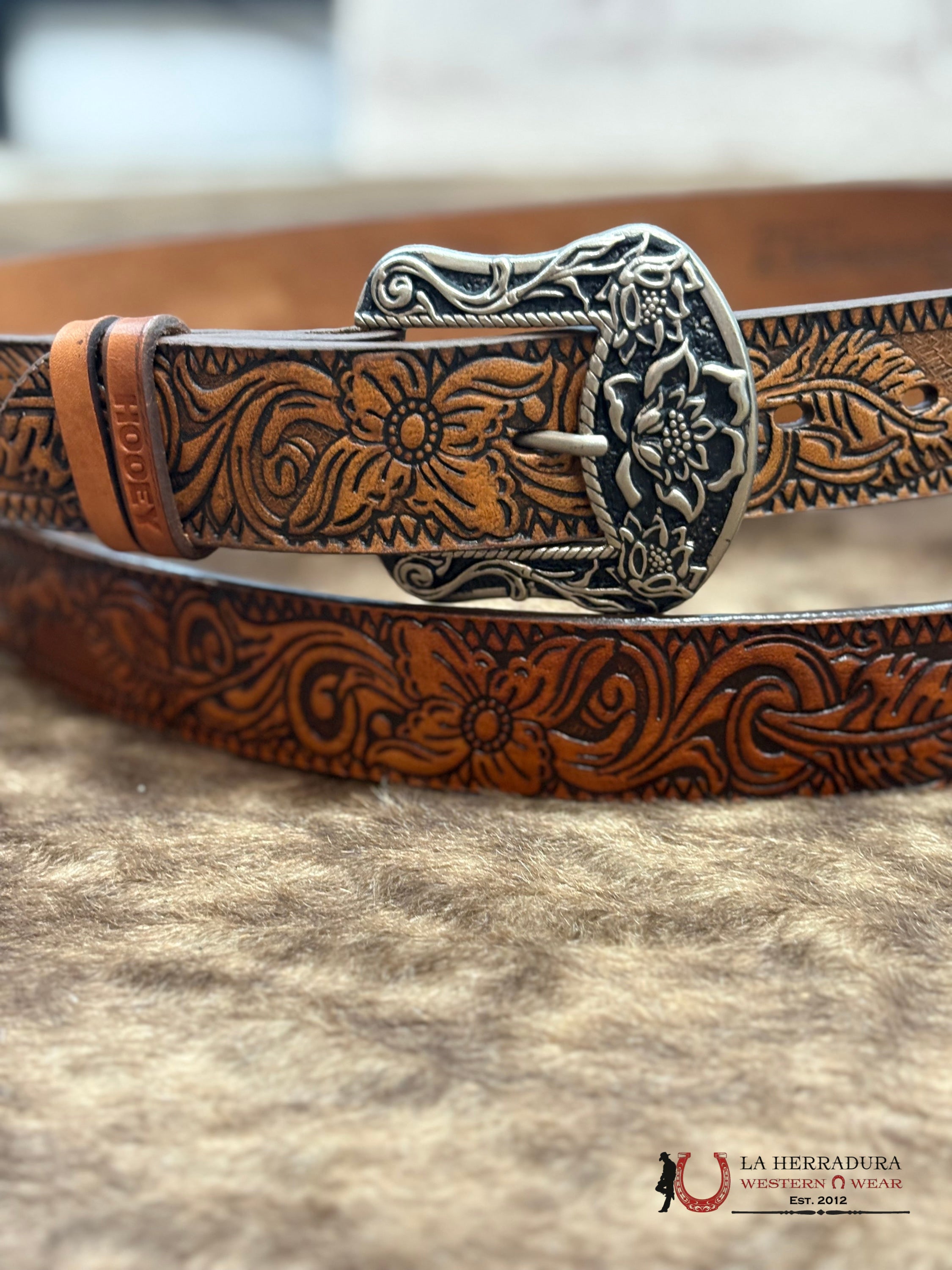 HOOEY WOMEN FLORA’ ORIGINAL HOOEY LADIES BELT BROWN W/ FLORAL CINTURONES MUJERES