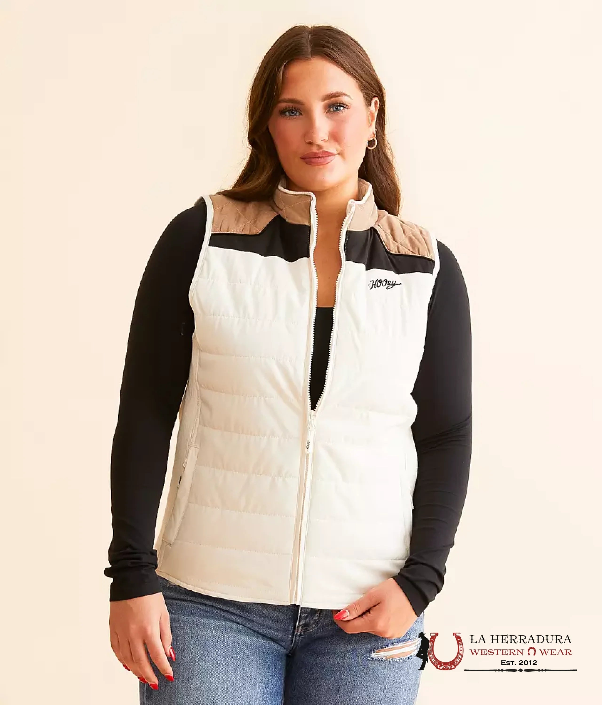 HOOEY WOMEN VEST CREAM BODY FULL ZIP WITH TAN /BLACK YOKE BAG HV098TNCR ROPA MUJERES