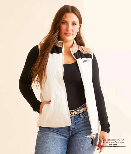 HOOEY WOMEN VEST CREAM BODY FULL ZIP WITH TAN /BLACK YOKE BAG HV098TNCR