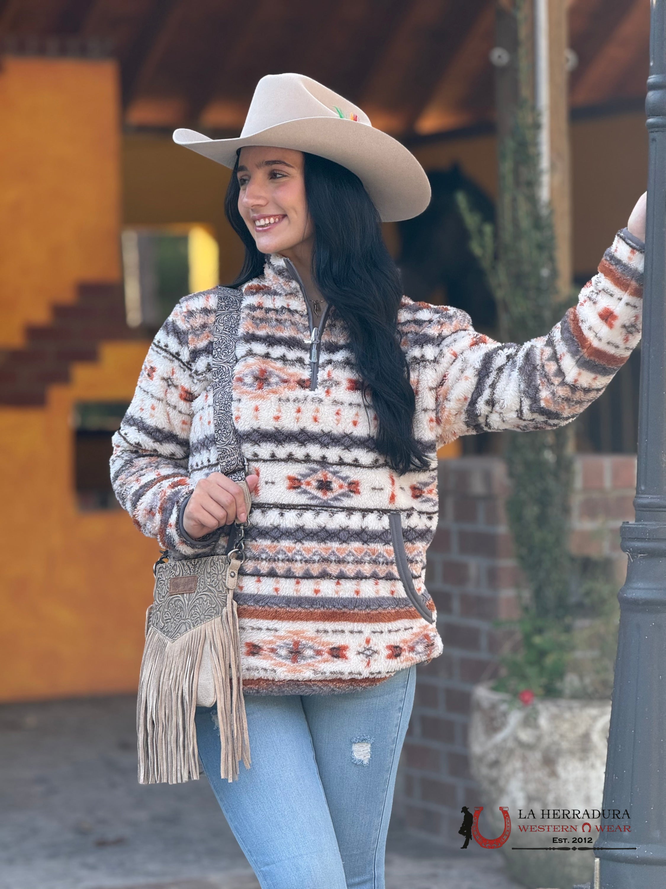 Hooey Womens Fleece Pull Over- Tan/Grey/Aztec Ropa Mujeres