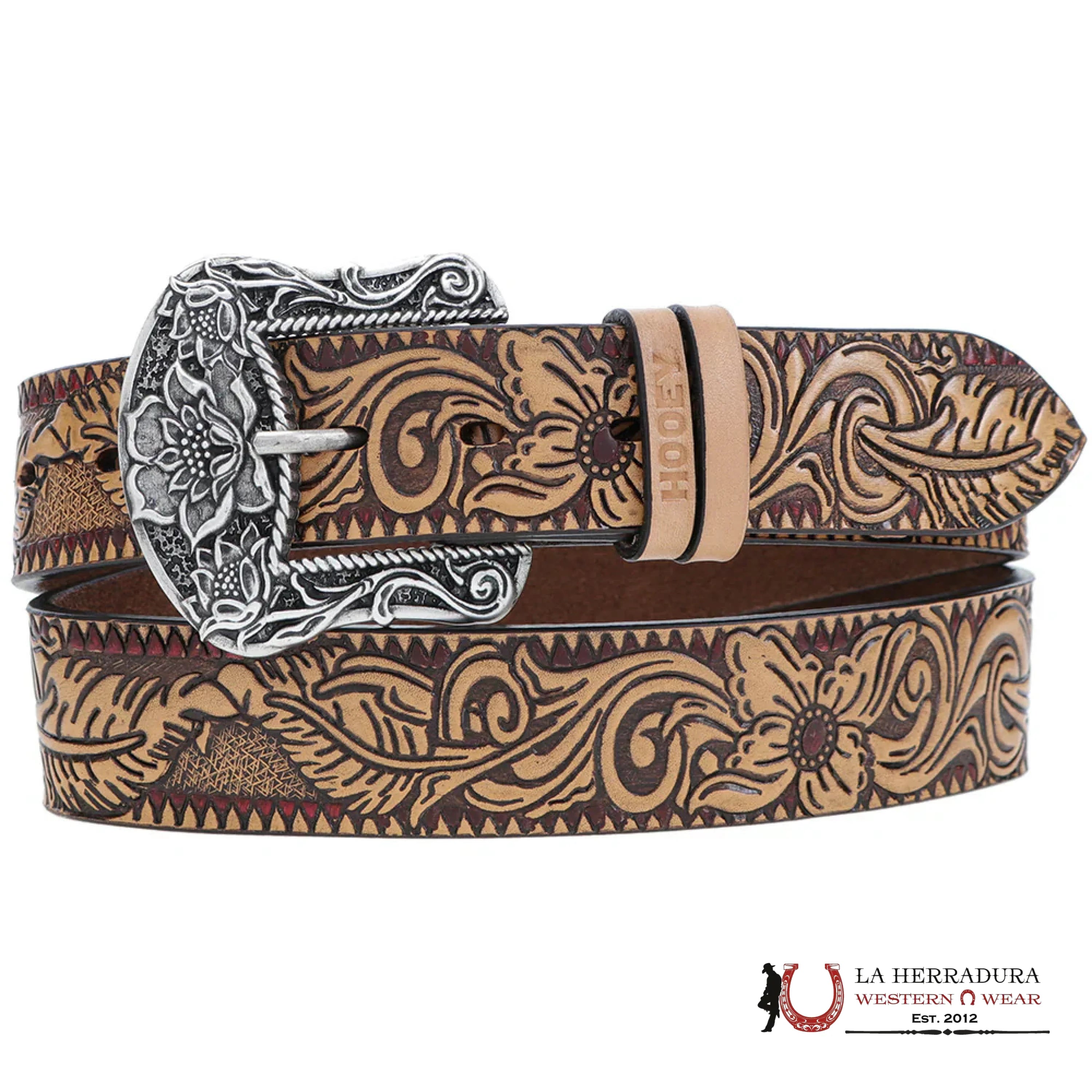 HOOEY WOMENS FLORA’ ORIGINAL HOOEY LADIES BELT NATURAL/BROWN/RED W/FLORAL CINTURONES MUJERES