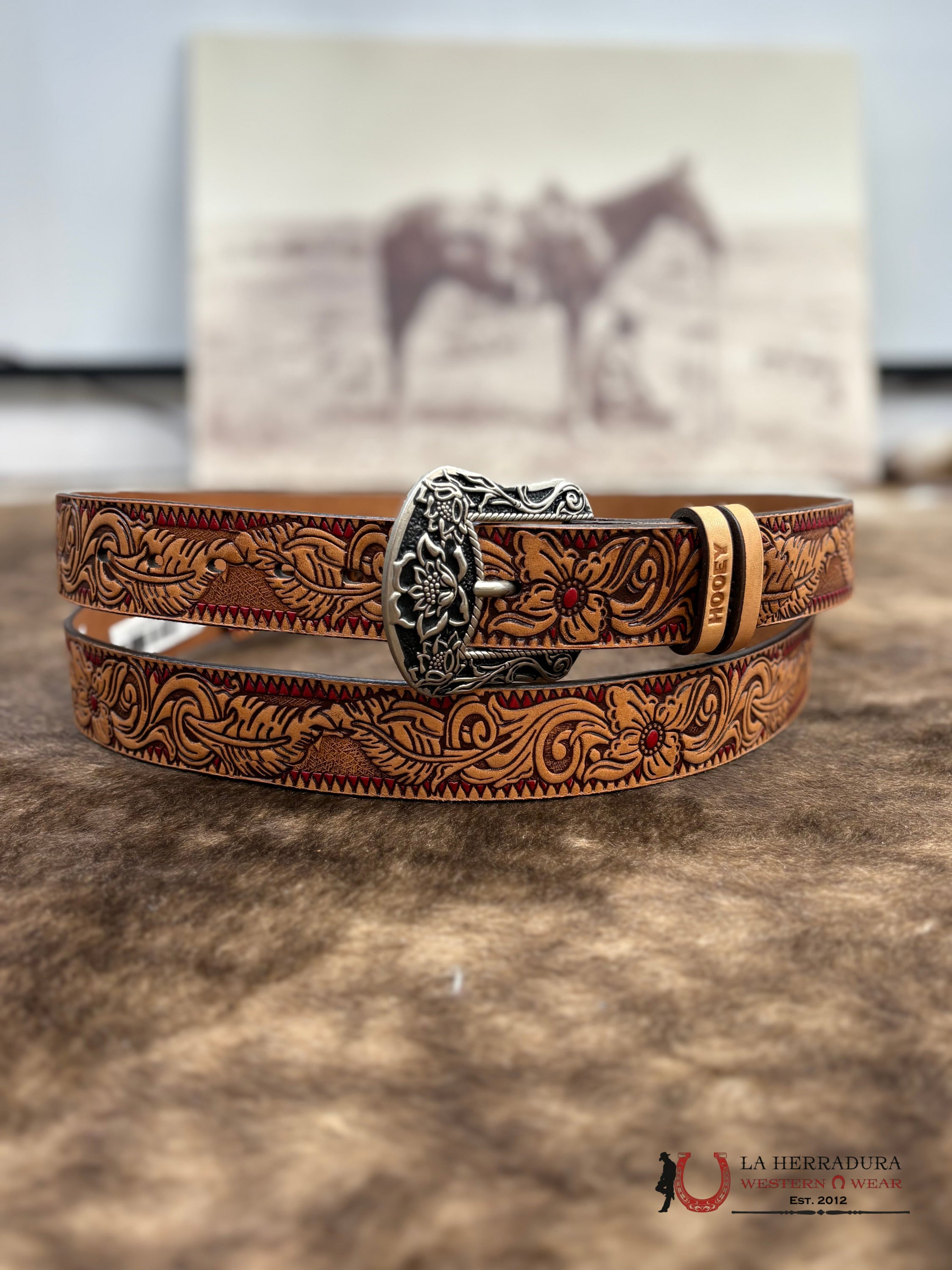 HOOEY WOMENS FLORA’ ORIGINAL HOOEY LADIES BELT NATURAL/BROWN/RED W/FLORAL CINTURONES MUJERES