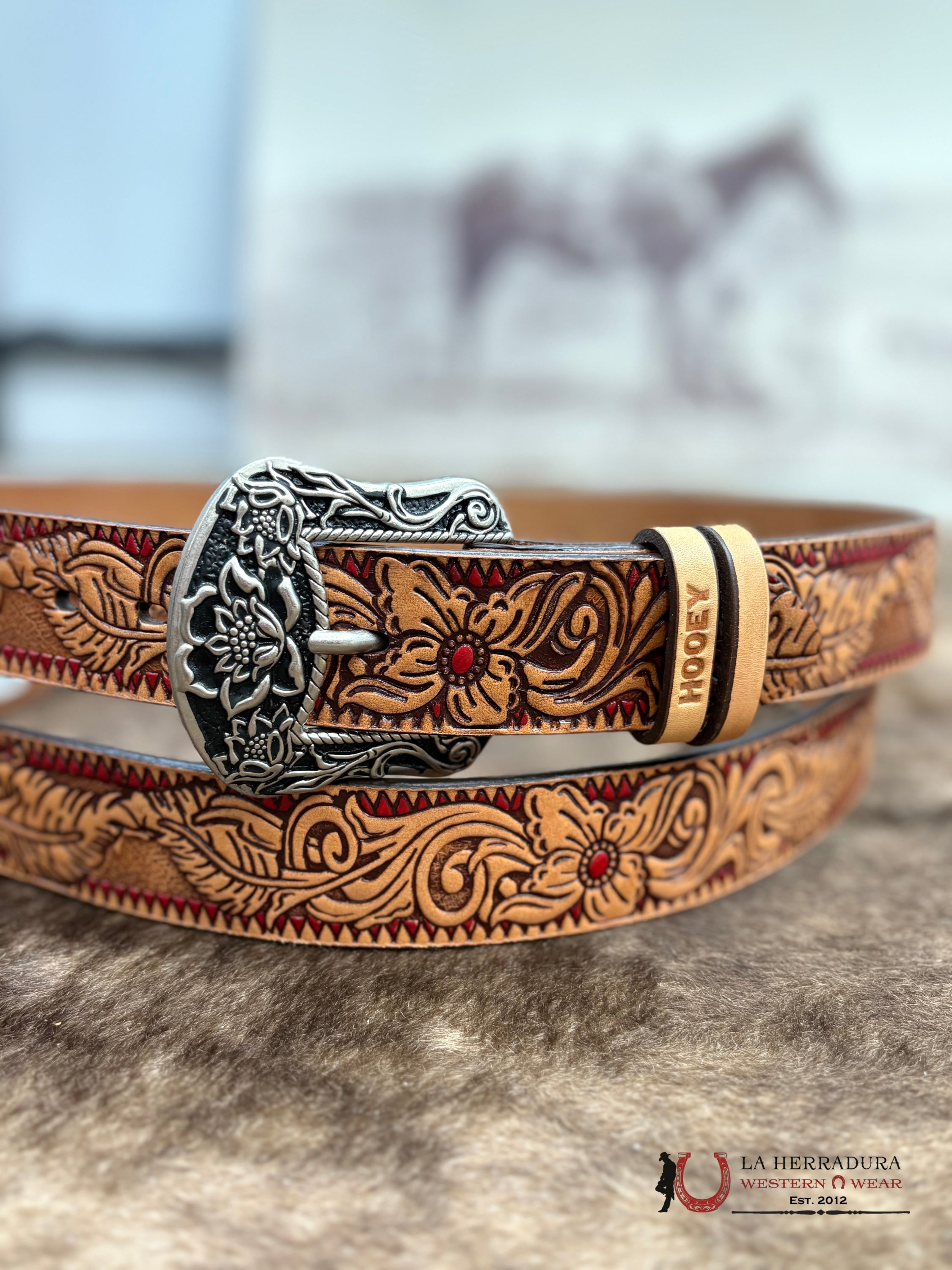 HOOEY WOMENS FLORA’ ORIGINAL HOOEY LADIES BELT NATURAL/BROWN/RED W/FLORAL CINTURONES MUJERES